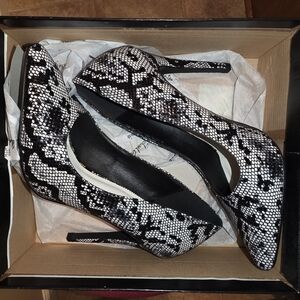 Michael Antonio Black and White Snake Print Heels